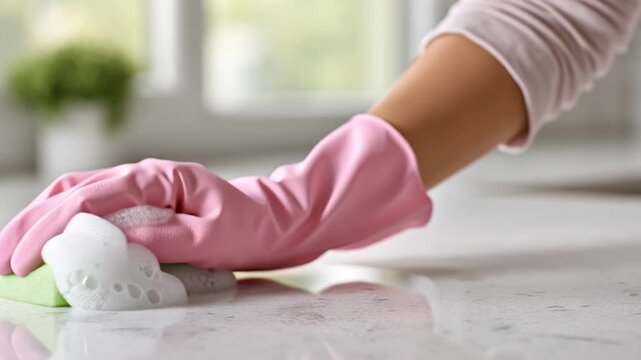 Close up view of a housekeeper's hand clad in a pink protective glove as she cleans a white kitchen countertop with a green sponge and soapy bubbles