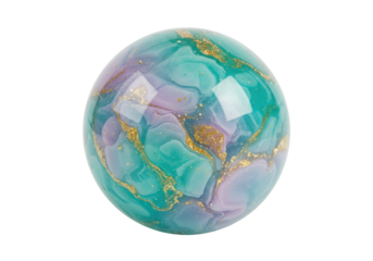 Isolated glass sphere with an abstract swirled teal, purple and gold color design