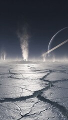 Fototapeta premium Breathtaking view of enceladus icy terrain, water geysers, and saturn on the horizon