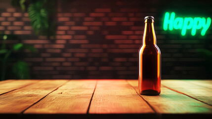 Beer bottles resting on a wooden bar counter, with neon signs advertising weekend happy hour specials