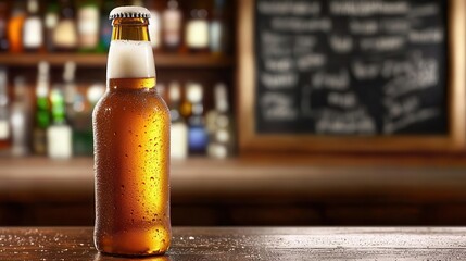 Cold beer bottle with condensation, sitting on a bar counter with weekend happy hour specials written on a chalkboard