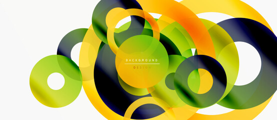 Naklejka na ściany i meble Abstract colorful circles overlap. Modern design features vibrant gradients, creating dynamic visual effect. Background is white.