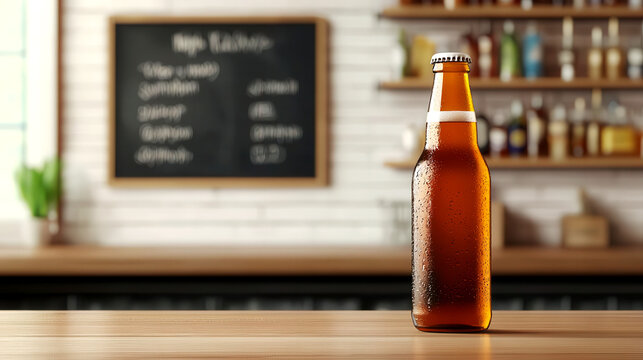 Cold beer bottle with condensation, sitting on a bar counter with weekend happy hour specials written on a chalkboard