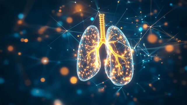 Glowing Blue Orange Digital Lungs With Network Connections. Futuristic Medical Science Visualization