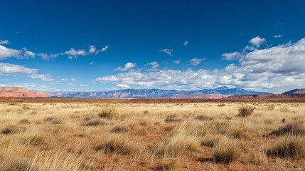 Fototapeta premium Vast desert scene with golden grass, red rock formations, blue mountains, and bright sky ambiance