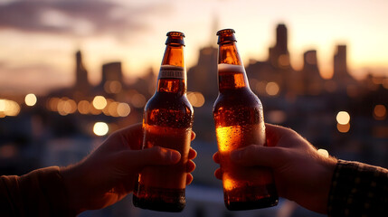 Friends toasting with beer bottles on a rooftop bar, city lights glowing in the background, celebrating the weekend