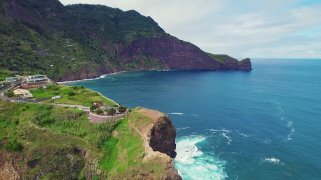 Aerial of a skywalk view point Miradouro do Guindaste in Madeira Portugal