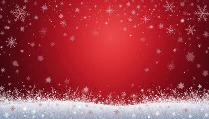 White snowflakes are falling against a bright red background, creating the atmosphere of a winter holiday. In the lower part there is a snowdrift with white plants, adding charming beauty.