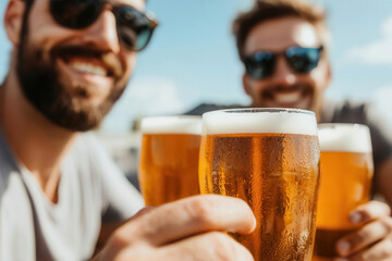 Group of friends at a brewery, tasting different beers, enjoying the laid-back weekend atmosphere