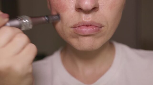 Woman using dermapen on face, cheeks, forehead and around the mouth. Female with pigmentation spots and rosacea taking care of her skin at home. Concept of skincare and facial rejuvenation.