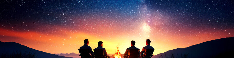 Group of friends sitting around a fire pit, enjoying beers and each other's company under a starry weekend sky