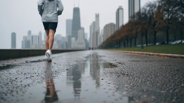 Unrecognizable athlete running on a wet asphalt road in a city park on a rainy day. The Chicago skyline is reflected in the puddles