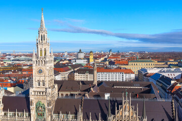 Marienplatz town hall and city skyline in Munich, Germany