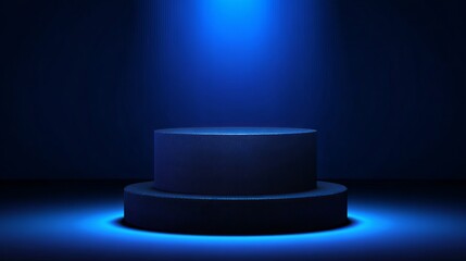 Dramatic blue spotlight illuminates a modern circular pedestal, perfect for product showcasing, awards, or futuristic presentations.