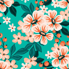 Seamless floral pattern, liberty ditsy print of large hand-drawn plants in a retro motif. Trendy botanical design of large daisies, small flowers, leaves, simple bouquets on blue. Vector illustration.
