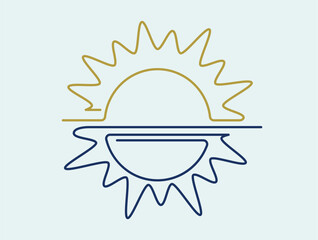 Stylized linear icon with a sunset or sunrise. Line art logo depicting the sun and its reflection on water. Outline sun symbol, graphic design element in a simple style. Vector illustration.