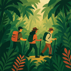 Hikers exploring jungle trail with backpacks and walking sticks