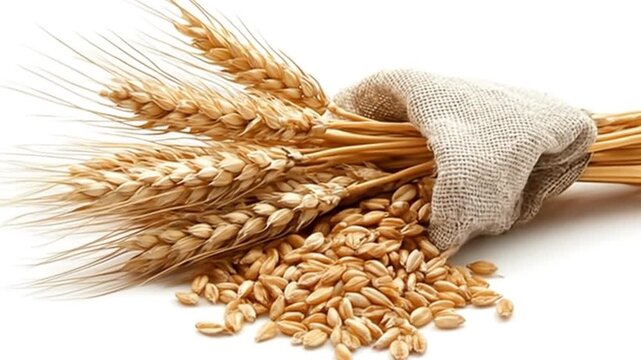 A close-up view of freshly harvested wheat stalks spilling from a burlap sack, surrounded by scattered grains, set against a neutral background, ideal for agricultural themes or food production