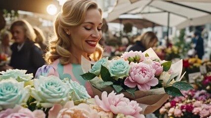 50s style women - A smiling woman browses a vibrant flower market bathed in golden evening light, surrounded by pastel roses and lush greenery as shoppers mingle under white canopies in warm bloom