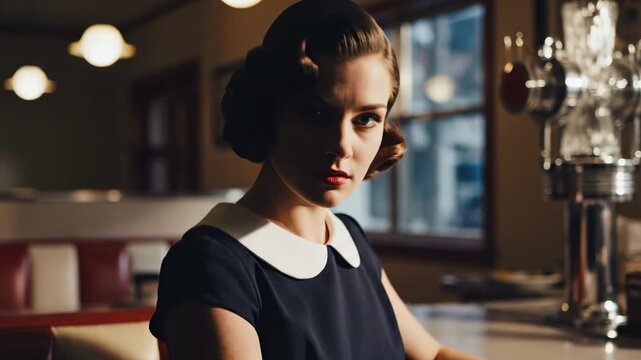 50s style women - A vintage-dressed woman sits at a cozy diner counter, wearing a navy dress with a white collar, red lips and soft waves; amber lamps glow beside chrome taps and glassware in backdrop