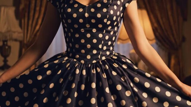 50s style women - Vintage-dressed woman in a navy polka-dot gown stands beside warm lamp-lit drapes, soft smile, retro makeup, cinematic shadows, evoking 1950s, elegance and timeless domestic charm