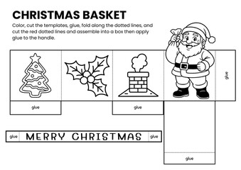 Christmas Santa basket craft templates for kids! A fun DIY coloring activity for holiday classrooms or home use. Perfect printable craft to color, cut, and assemble for festive celebrations.