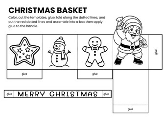 Christmas Santa basket craft templates for kids! A fun DIY coloring activity for holiday classrooms or home use. Perfect printable craft to color, cut, and assemble for festive celebrations.