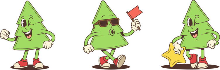 Cartoon character mascot vector illustration of a cheerful Christmas tree in three poses winking with a raised fist walking with a red flag and leaning on a gold star festive holiday