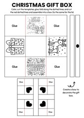 Christmas gift box craft templates for kids! A fun DIY coloring activity where children color, cut, and assemble their own festive boxes. Perfect for classroom parties, gifts, and holiday decorations.