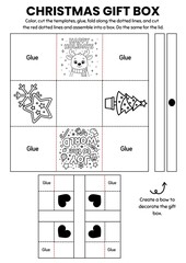 Christmas gift box craft templates for kids! A fun DIY coloring activity where children color, cut, and assemble their own festive boxes. Perfect for classroom parties, gifts, and holiday decorations.