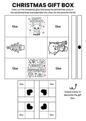 Christmas gift box craft templates for kids! A fun DIY coloring activity where children color, cut, and assemble their own festive boxes. Perfect for classroom parties, gifts, and holiday decorations.