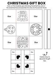Christmas gift box craft templates for kids! A fun DIY coloring activity where children color, cut, and assemble their own festive boxes. Perfect for classroom parties, gifts, and holiday decorations.
