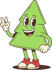 Friendly cartoon Christmas tree character mascot waving hand and showing peace sign while wearing cute boots. Flat vector illustration for holiday greeting card festive decoration winter celebration