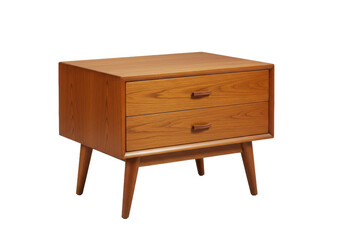 Isolated mid-century modern style nightstand, two drawers and tapered legs, woodgrain finish
