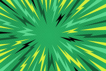 Manga thunder background forms anime comic line burst with radial perspective on green pop art texture. Manga thunder bg vector suits lightning effect, speed action frame, or abstract cartoon design.