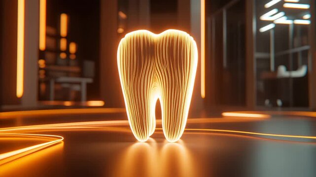 Glowing Rotating Orange Tooth Shape In Futuristic Office Interior. Neon Light Reflection. Dental Innovation Concept