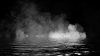 Abstract smoke steam moves on black background texture . The concept of aromatherapy. Reflection on water. Stock illustration.