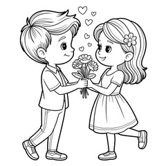 A boy giving flowers to a girl coloring page 