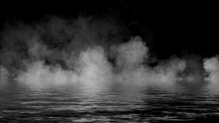Abstract smoke steam moves on black background texture . The concept of aromatherapy. Reflection on water. Stock illustration.