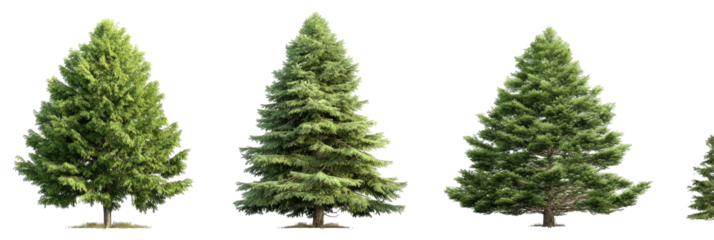 Rows of evergreen coniferous trees, sizes vary