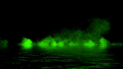 Green abstract smoke steam moves on black background texture . The concept of aromatherapy. Reflection on water. Stock illustration.
