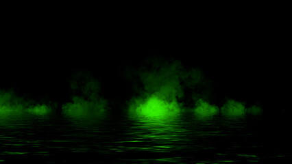 Green abstract smoke steam moves on black background texture . The concept of aromatherapy. Reflection on water. Stock illustration.
