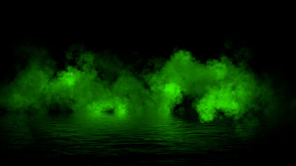 Green abstract smoke steam moves on black background texture . The concept of aromatherapy. Reflection on water. Stock illustration.