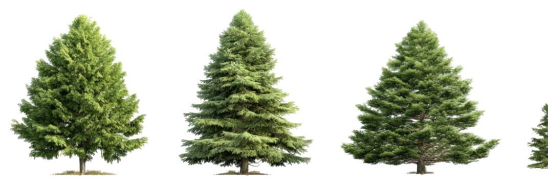 Rows of evergreen coniferous trees, sizes vary