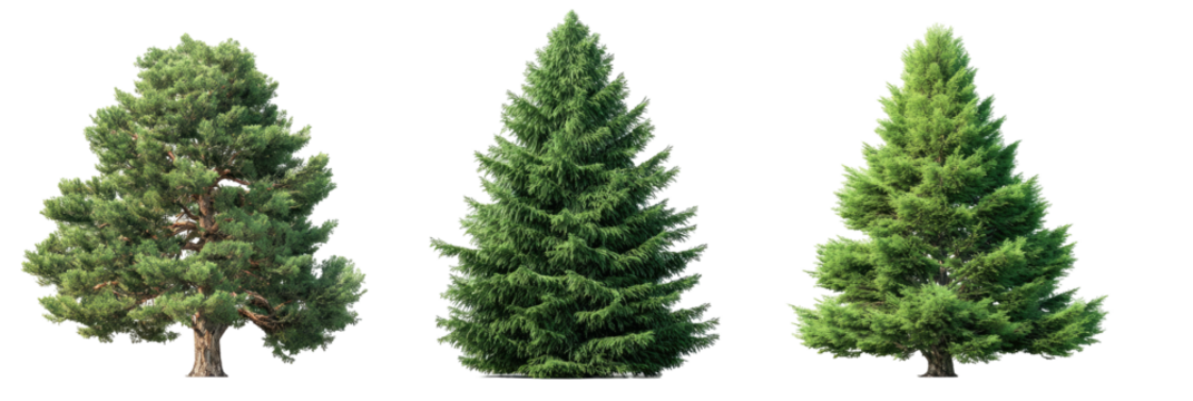 Three evergreen trees against a black backdrop