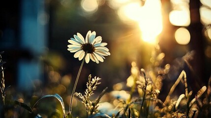 A solitary white daisy bathed in golden hour sunlight amidst a field of soft bokeh