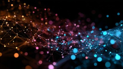 Dynamic abstract network of glowing nodes and lines pulsing with vibrant digital energy, representing data flow and global connections.