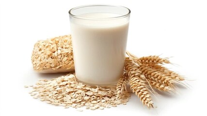 A clear glass of milk surrounded by oats and wheat, showcasing a healthy breakfast theme with natural ingredients, ideal for nutrition-focused content or food photography