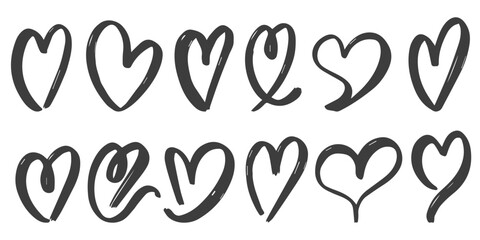 Hearts lovely icons shapes. Hand-drawn black shapes isolated on white background. Cute romantic black symbols. Pen brush strokes for Valentine Day design elements. Romantic decoration