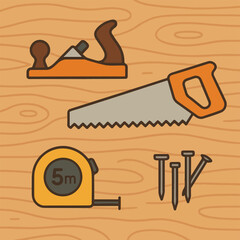 Woodworking tools including hand saw a plane measuring tape and nails